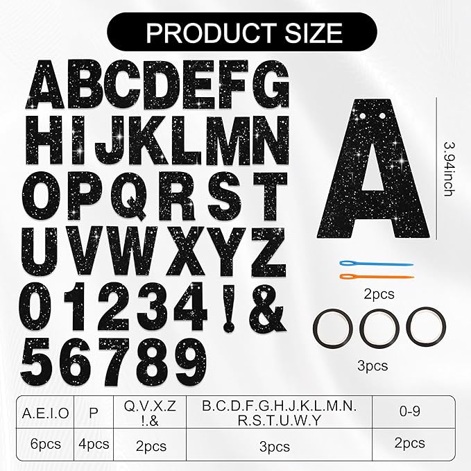 BEISHIDA 116 PCS A-Z Glitter Black DIY Letter Banner Kit Make Your Own Banner，Including 111 Letters and Numbers 3 Rope and 2 Threading Device,Customized for Birthday Graduation Wedding Halloween Party Decor