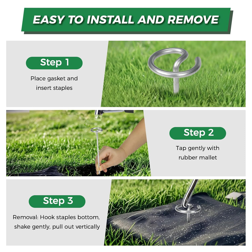 100pcs Landscape Fabric Pins, Heavy Duty Galvanized Landscape Staples Weed Barrier Stakes Lawn Staples with Staples Remover Mallet Yard Stakes Staples for Lawn Edging Ground Cover Outdoor Gardening
