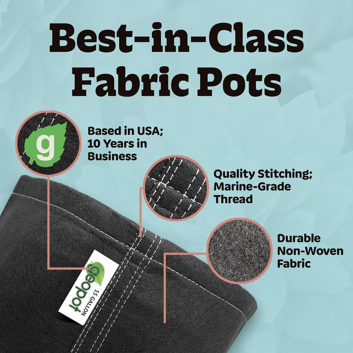 GeoPot 15 Gallon Fabric Grow Bags for Vegetables, Houseplants, Herbs & Flowers | 5-Pack | Aerated Fabric Pots for Outdoors and Indoors