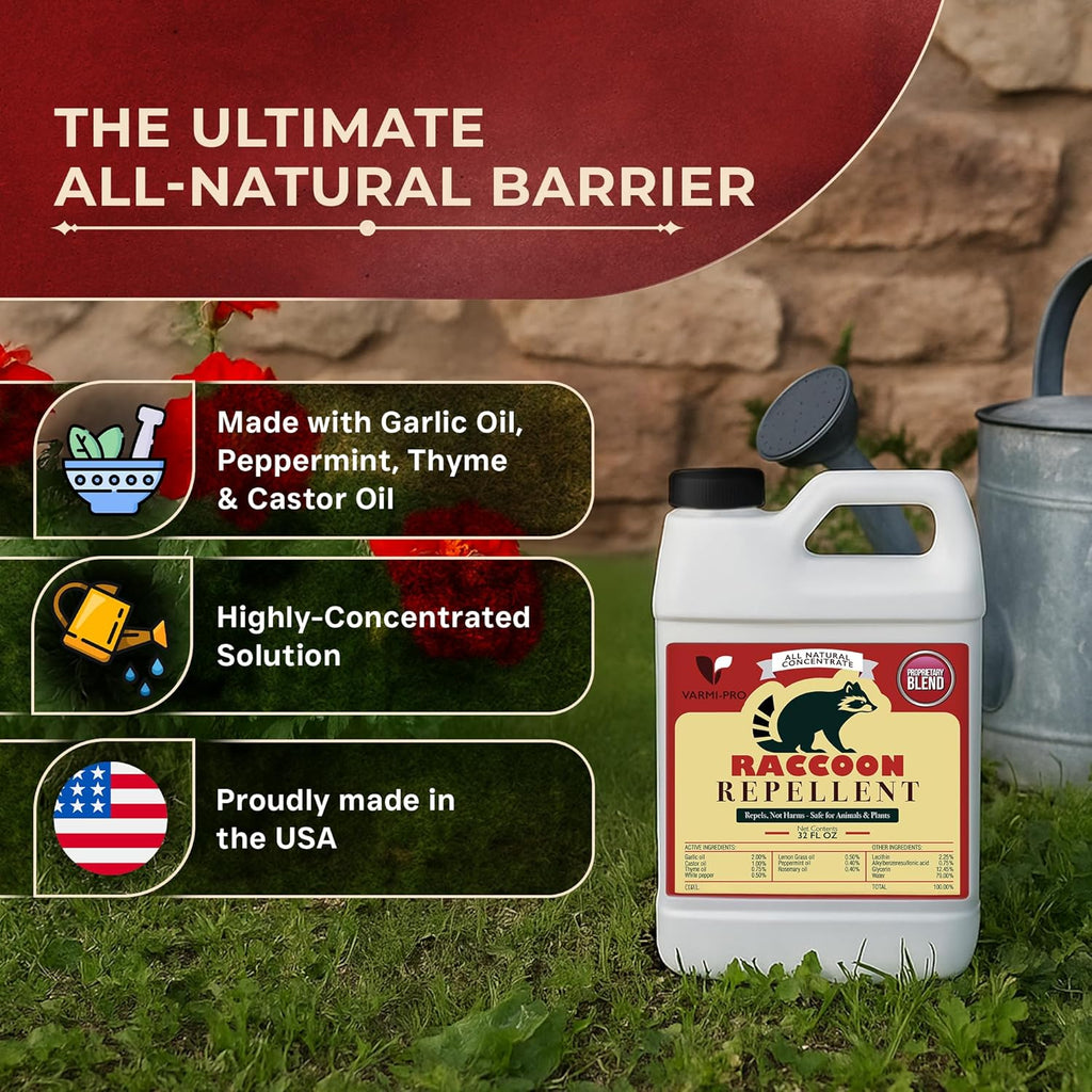 VarmiPro Raccoon Repellent Spray Concentrate - 32 fl oz Natural Outdoor Raccoon Deterrent for Yard, Garden, Lawn, Trees, and Plants - Safe for Pets, Animals, Flowers, Shrubs, and Flower Beds