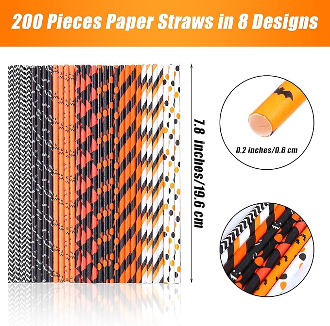 Cooraby 200 Pieces Halloween Paper Straws Pumpkin Bat Spider Web Pattern Straws Black Orange Biodegradable Paper Drinking Straws for Halloween Party Favors, 8 Styles