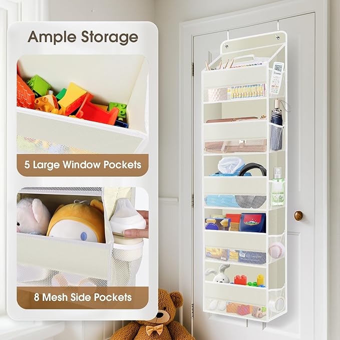 1 Pack Over The Door Organizer, Hanging Storage Organizer with Clear Window, 40lb Ultra Sturdy Large Capacity Room Organizer for Pantry Bathroom Nursery Closet Baby Essential (Beige)