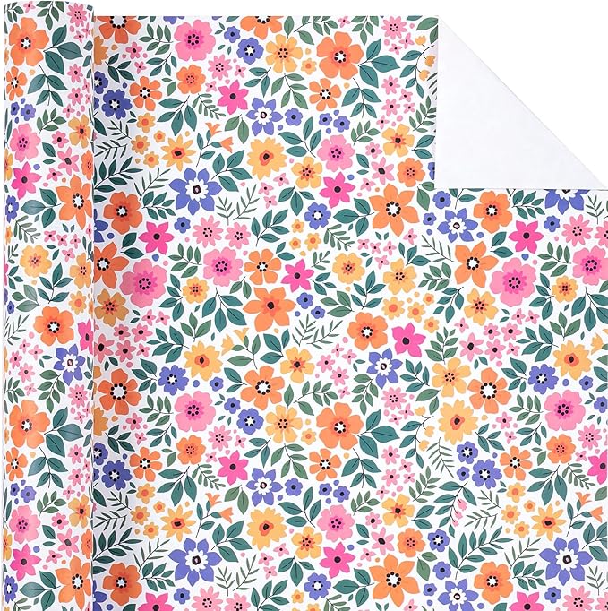 WRAPAHOLIC Kraft Floral Wrapping Paper Roll - Mini Roll - 17 Inch x 9.8 Feet - Ditsy Flower Wrapping Paper, Perfect for Wedding, Birthday, Bridal Shower, Tea Party