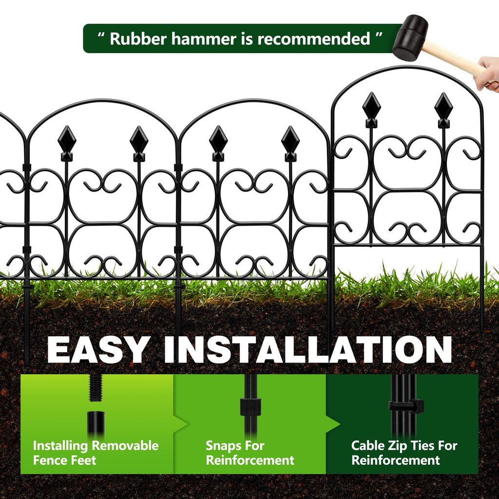 QIAOKAIYAN 24in(H) x 10.83ft(L) Decorative Garden Fence - Tall Garden Fence Animal Barrier 10 Pack Metal Fence Border Black No Dig Fence Panels Garden Fencing Border for Landscape Patio Yard Outdoor