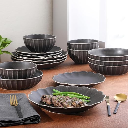 Gibson Elite Malibu Shore 16 Piece Scallop Stoneware Reactive Glaze (Service for 4) Ceramic Plates and Bowls Dinnerware Set - Black