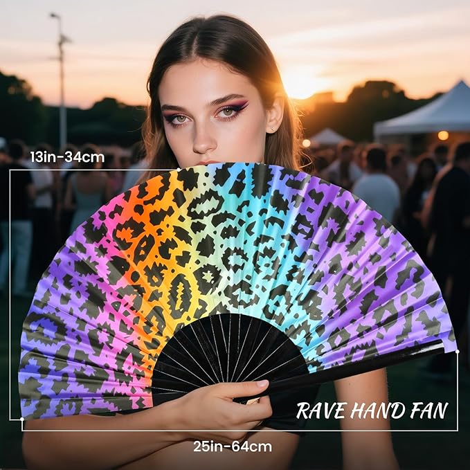 SYNTECSO Folding Hand Fan for Rave, Popping Fan for Line Dancing, Drag Queen, Women and Men Gift，Chinese Japanese UV Glow Clack Fan for Parties, Music Festivals, EDM and Decoration