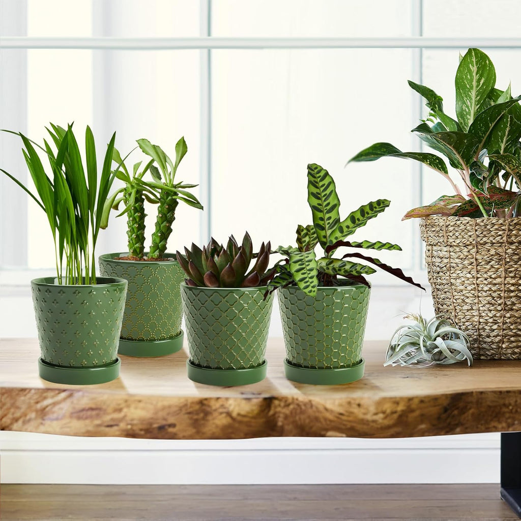 EFISPSS Ceramic Plant Pots, 5 Inch Planters with Drainage Holes and Ceramic Tray, Relief Design Flower Planter, Desktop Office Windowsill Decoration Gift Set of 4 - Blackish Green
