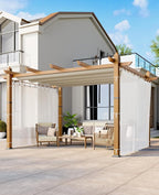 10x13 Ft Outdoor Aluminum Pergola, Upgraded Faux Wood Grain Retractable Pergola with Adjustable Roof & Side Mesh Screen, Modern Metal Patio Gazebo for Deck, Backyard, Porch, Vineyards, Beige + White