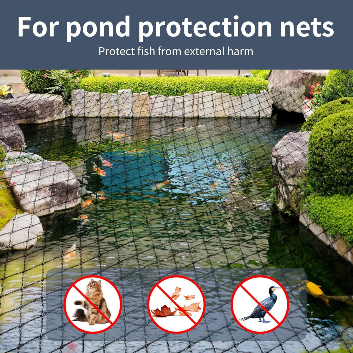 Koi Fish Pond Netting Shield 20ft x 20ft, Black Heavy Duty Pool Leaf net Cover, Protects Garden Pond from Heron, Birds,Cats & Predators Away, Durable & Stakes Included (Black)