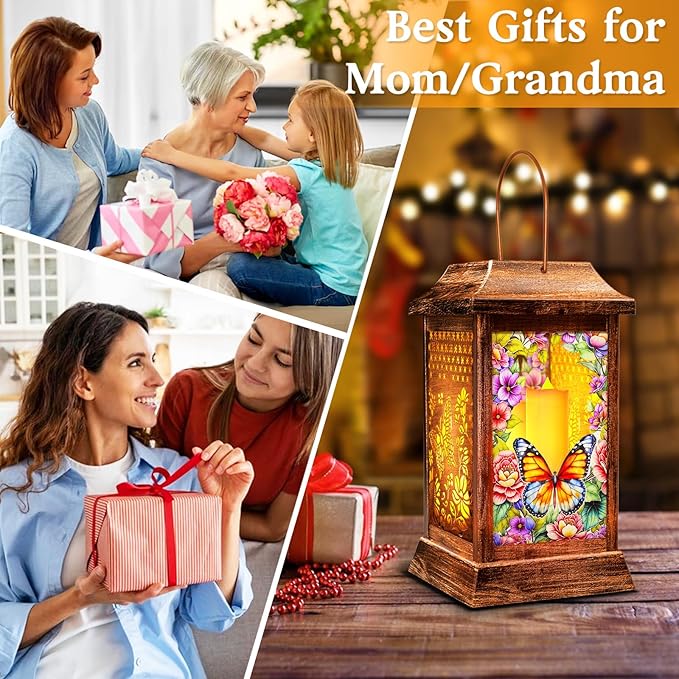 Butterfly Solar Lanterns Outdoor Waterproof, Metal & Glass Hanging Lights Garden Decor, Birthday Gifts for Women Mom Grandma Mothers Day, Decorative Lights for Outside Yard Patio Backyard Porch