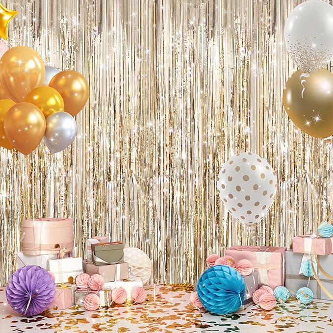 2Pack Champagne Gold Foil Fringe Backdrop Curtains, Tinsel Door Streamers, Fringe Backdrop for Graduation New Years Eve, Graduation, Birthday, Wedding, Baby Shower, Gender Reveal, Disco Party Decors