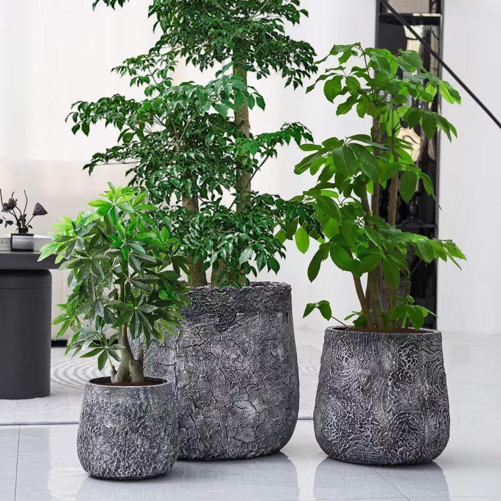 Craft flowerpots 18"+13"+9" Dia Round Concrete Planter Set of 3 Large Outdoor/Indoor Planter Pots Containers with Drainage Holes and Rubber Plug for Home Garden (Dark Gray, Large)