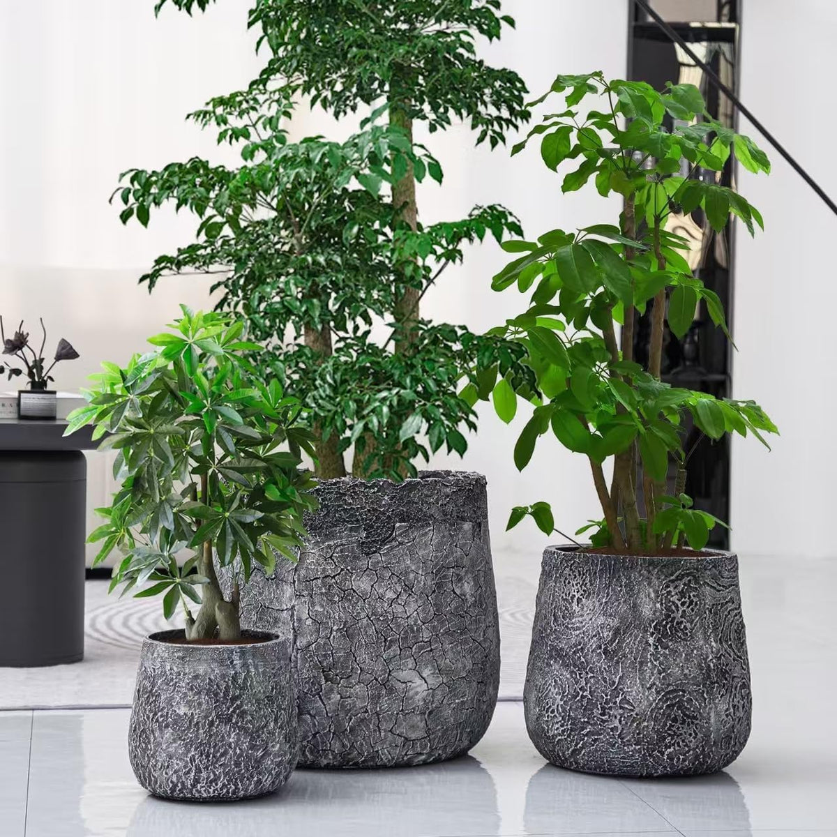 Craft flowerpots 18"+13"+9" Dia Round Concrete Planter Set of 3 Large Outdoor/Indoor Planter Pots Containers with Drainage Holes and Rubber Plug for Home Garden (Dark Gray, Large)