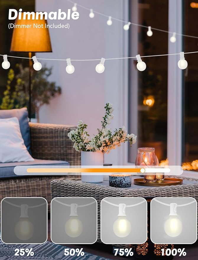 SUNSGNE White String Lights Outdoor, 50FT White Outdoor Lights with 52 G40 LED Frosted Shatterproof Bulbs(2 Spare) for Balcony Patio Tent Backyard Bistro Cafe Christmas Decor