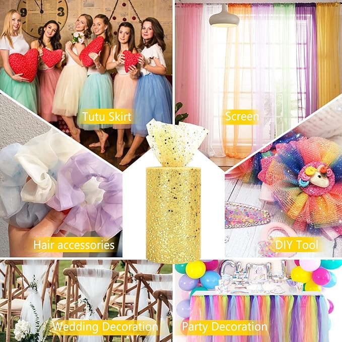 Glitter Tulle Rolls, 6” by 50 Yards (150FT) Sparkling Tulle Spool Ribbon Sequin Tulle Netting Fabric for Tutu Skirt Wedding Birthday Baby Shower (Gold)