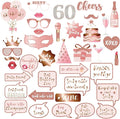 60th Birthday Party Photo Booth Props and Signs, Rose Gold 60 Birthday Party Selfie Props Kit with Sticks for Girls Women, Sixty 60th Happy Birthday Party Decorations Supplies Favors