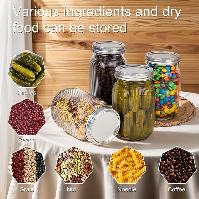 WELLIFE 6 Pcs Wide Mouth Mason Jars 32 OZ,Large Mason Jars for Food Storage, Overnight Oats,Honey,Sauces,Meal Prep,Salad,Yogurt