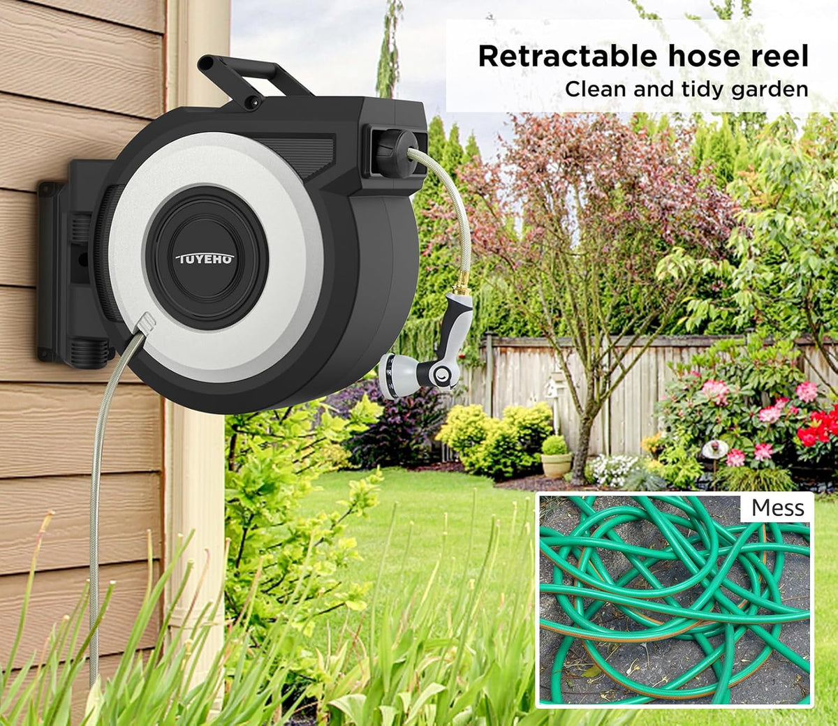 Tuyeho Retractable Garden Hose Reel 5/8" x 90 ft, Wall Mount Water Hose Reels with Automatic Slow Rewind System, Outdoor Hoses Reel with 2 Hose Nozzles for Garden Watering, Car Wash, Pet Shower