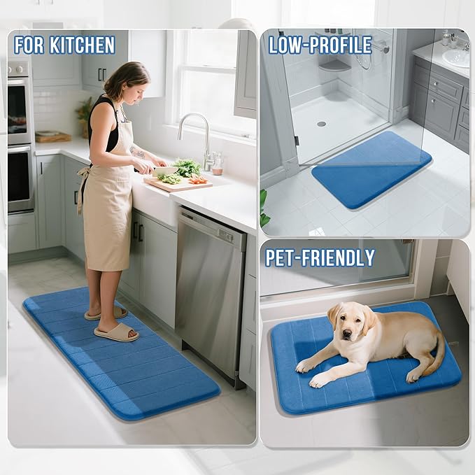 Yimobra Large Bath Mat 36"x24", Super Soft Quick Dry Memory Foam Bathroom Rug, Water Absorbent, Non Slip Backing Machine Washable for Tub Shower, Thick Comfort Support, Blue