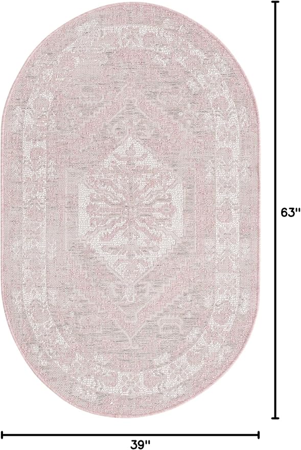 Unique Loom Outdoor Traditional Collection Area Rug - Valeria (3' 3" x 5' 3" Oval, Pink/ Ivory)