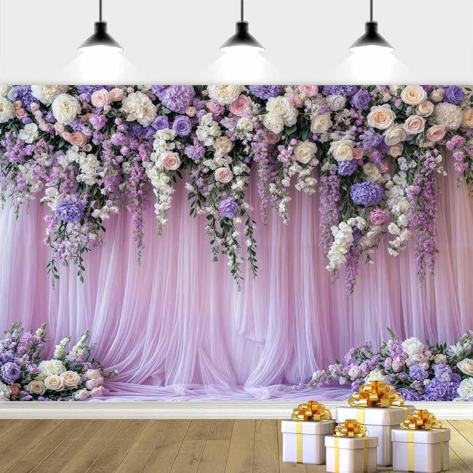 12x10ft Purple Lavender Floral Bridal Backdrop Wedding Flower Photography Backdrop for Girl Portrait Baby Shower Birthday Party Decor Banner Mother's Day Party Wall Backdrop Studio Photo Backgrounds