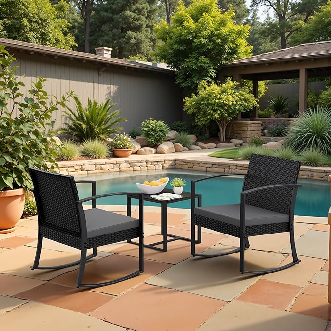 Homall Patio Furniture Set 3 Piece Resin Outdoor Bistro Set Rocking Patio Chairs with Cushions and Table for Porch, Poolside, Balcony and Yard (Grey)