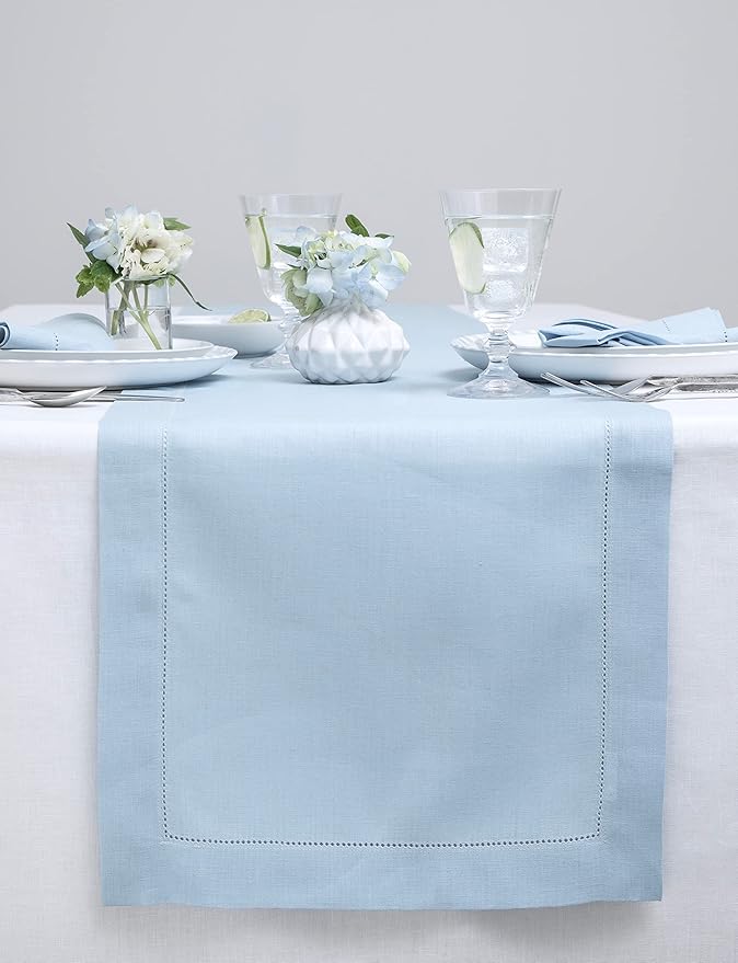 Solino Home Linen Sky Blue Table Runner 48 Inches - Classic Hemstitch, 100% Pure Linen Coffee Table Runner 14 x 48 Inch Ideal for Dresser Tables - Holiday