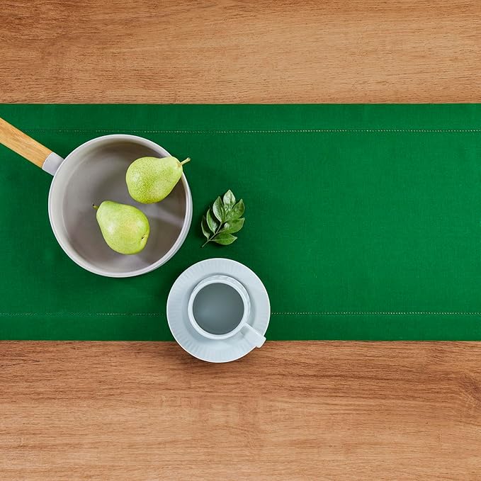 Solino Home Linen Garden Green Table Runner 144 Inches Long - 100% Pure Linen Extra Long Table Runner 14 x 144 Inch for Christmas - Classic Hemstitch