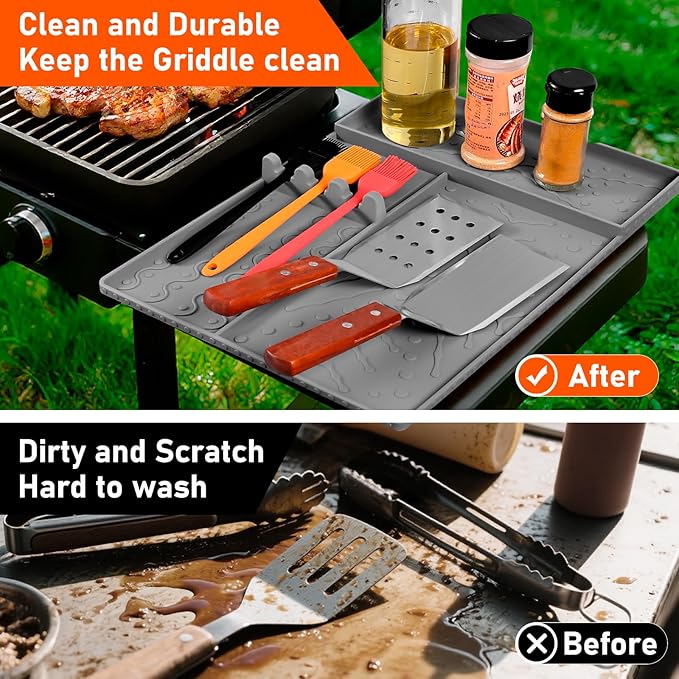 Griddle Mat Barbeque Grill Accessories Tools for Blackstone, Side Shelf Food-Grade Silicone Grill Mat, Spatula Silicone Mat with Drip Pad for Outdoor Grill Kitchen Counter - Grey