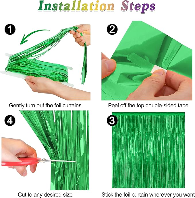 8 Pack Green Streamer, 3.28 FT x 7.05 FT Dinosaur Backdrop, Metallic Tinsel Backdrop FOI Fringe Curtains Party Streamer, Jungle Decor Green Streamer Party Decorations Photo Booth Props