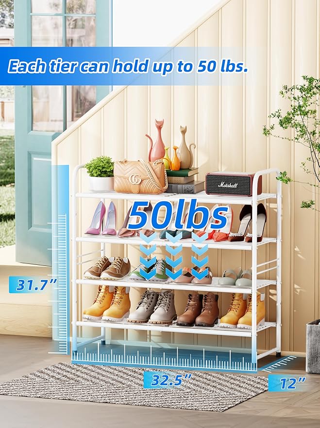 SUFAUY 4-Tier 33" Wide Shoe Rack, Closet Metal Shoe Rack Organizer Heavy Duty, Stackable, White