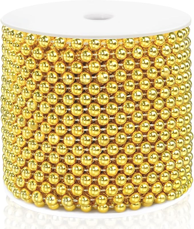 Craft String Pearls 6MM Pearl Bead, 66 Feet Gold Faux Pearl Garland Spool Roll Strand Wedding Party Decoration, Christmas Tree Decorations