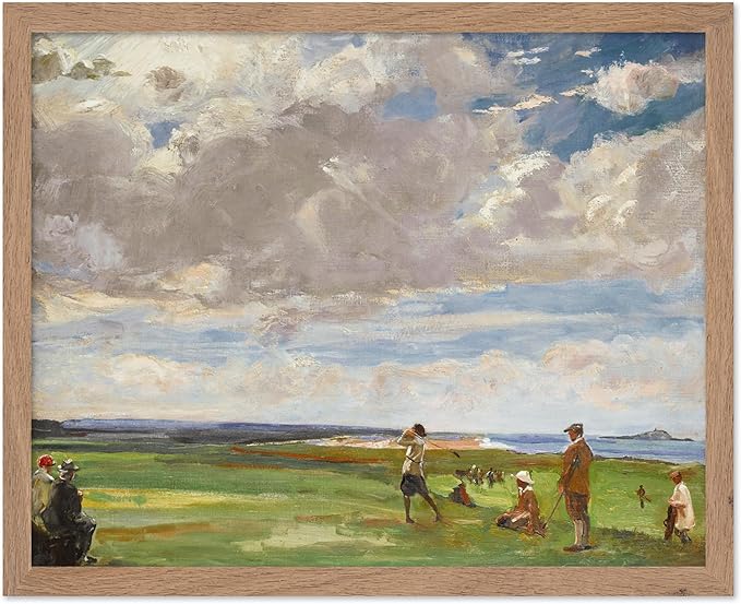 Poster Master Vintage Lady Astor Playing Golf at North Berwick Painting Poster - Retro Golf Course Print - Golf Art - Sports Art - Landscape Art - Office or Living Room Decor, 8x10 Beige Framed