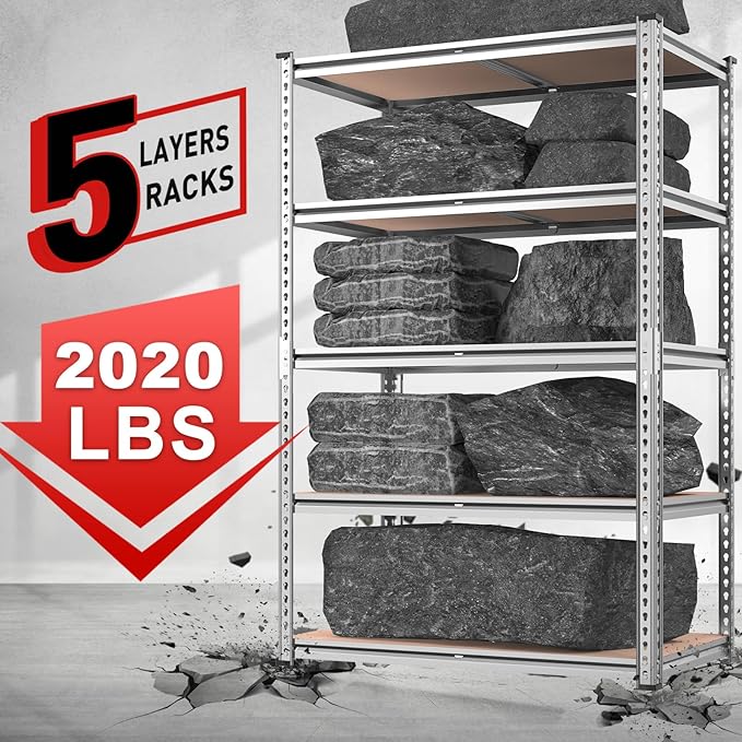 REIBII 2020LBS Garage Shelving Heavy Duty Metal Shelving 5 Tier Storage Shelves, Metal Shelves for Warehouse Basement, Easy Assembly, 72" H x 35.55" W x 16" D, Galvanized, 3 Pack