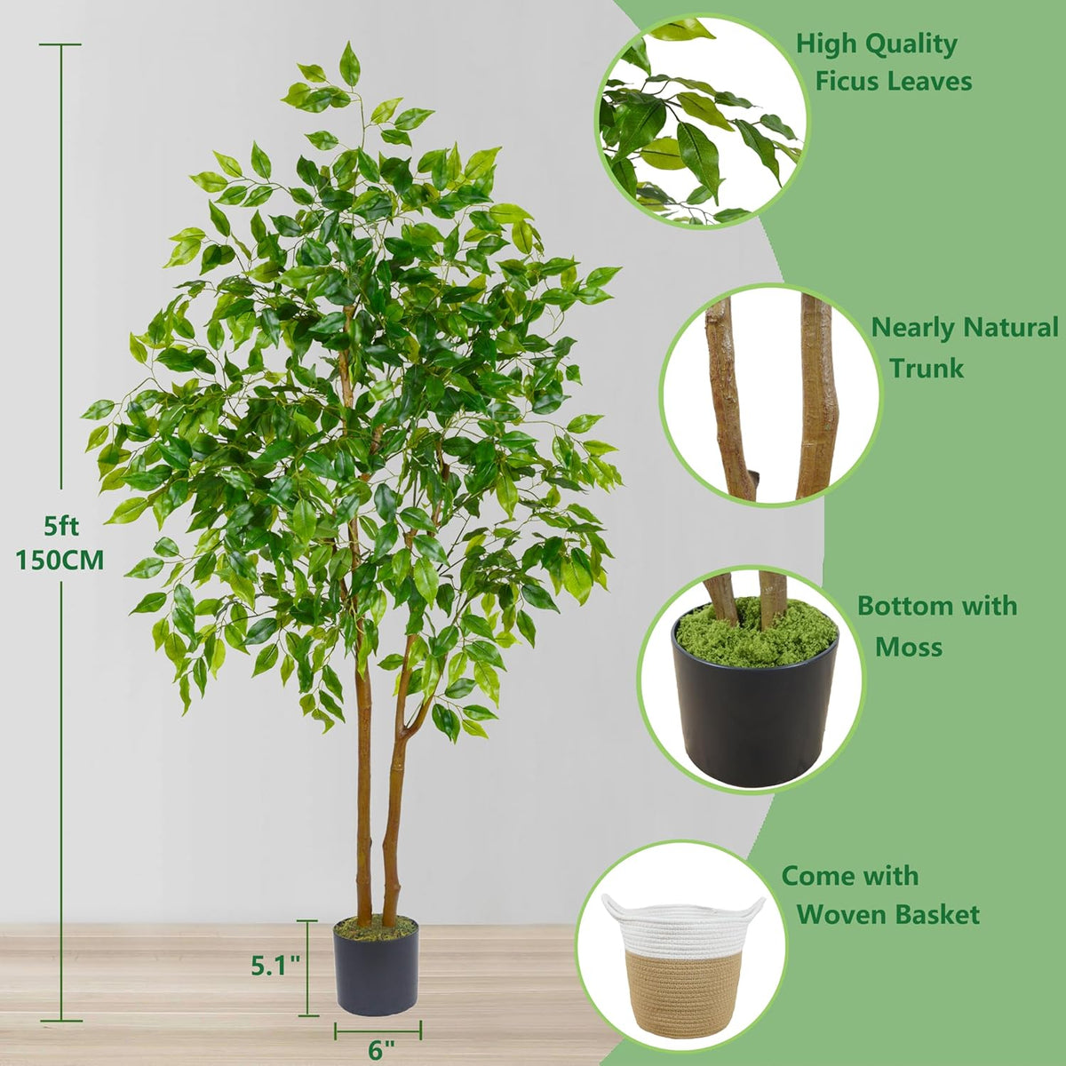 Artificial Ficus Tree, 5ft Tall Fake Ficus Tree with Basket, Faux Plant for Indoor Outdoor Home Livingroom Office Garden Porch Décor