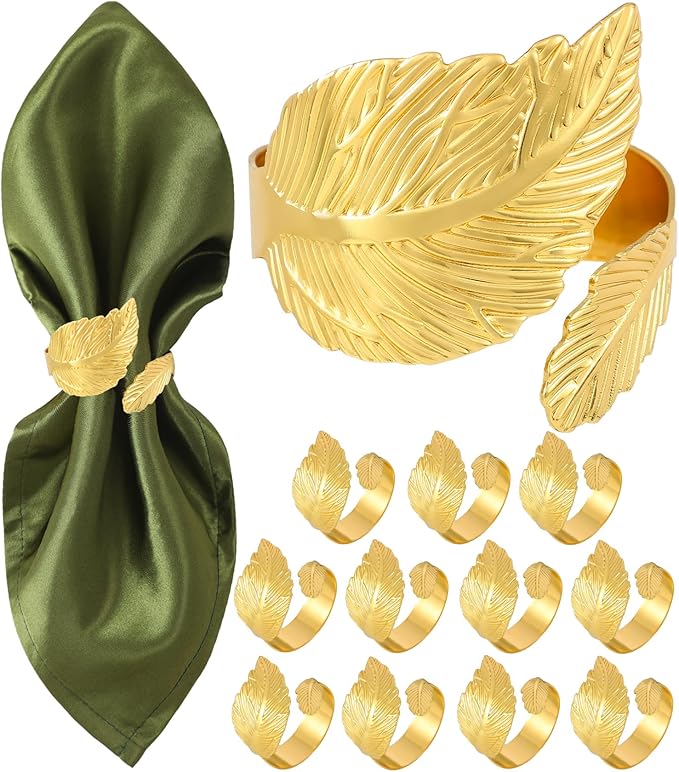 Gold Napkin Rings, Shiny Metal Napkin Rings Set of 12, Study Leaf Shaped Table Decor, Stylish Fall Napkin Ring Bulk for Christmas, Easter, Wedding, Party, Elegant Table Settings Gift Ideas