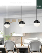 LMS 2 Pack Mid Century Pendant Lights, Matte Black Kitchen Island Light Fixtures with White Globe Glass Shade, Adjustable Hanging Rod Ceiling Light for Home Office Dining Room Bathroom, LMS-186BK2PK