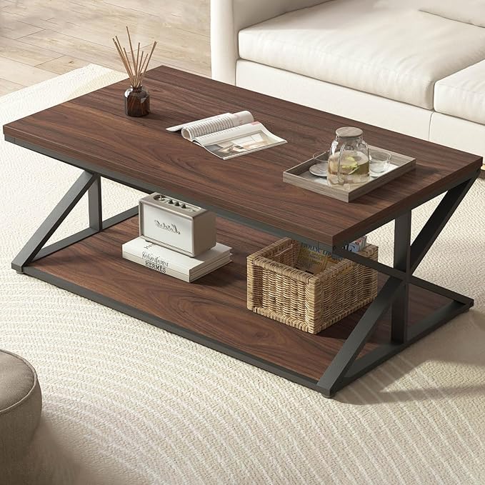 Launica Coffee Table with Storage, Modern Living Room Table, Minimalist Rectangle Center Table, Industrial Vintage Wood Tea Tables, 39 Inch, Walnut