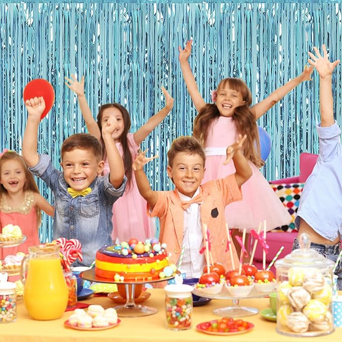 10 Pack Blue Foil Curtain Backdrop 3.2ft x 9.8ft Metallic Tinsel Foil Fringe Curtains Streamer Photo Booth Backdrop for Birthday Party Engagement Bachelorette Party Decorations (Light Blue)