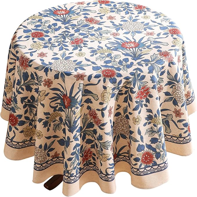 patdrea Designer Small Blue Tablecloth for Round Table,Vintage Linen Leaves and Floral Pattern Tablecloths,Farmhouse Decor Cover for Kitchen Dining Christmas,Thanksgiving,Diameter 55"-Ivar a