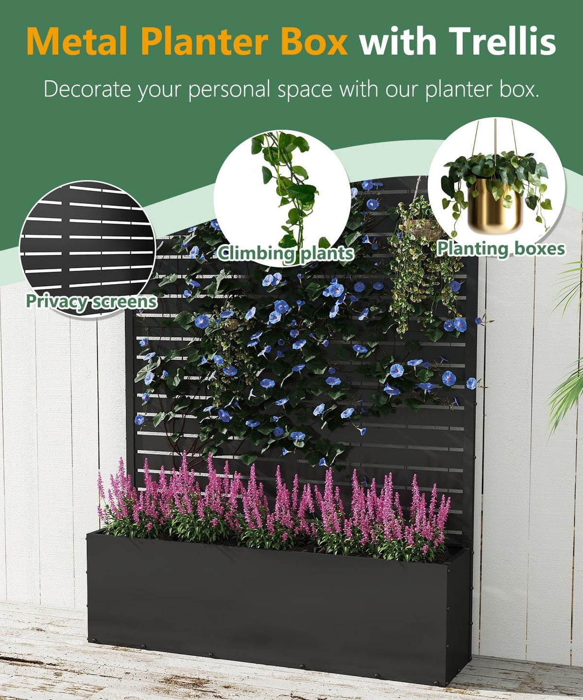 Metal Planter Box with Trellis,70.9"x47.2"x15.7" Raised Garden Bed with Drainage Holes, Privacy Planters for Outdoor Garden Bed for Climbing Plants,Vegetables,and Vines, Black-louvered