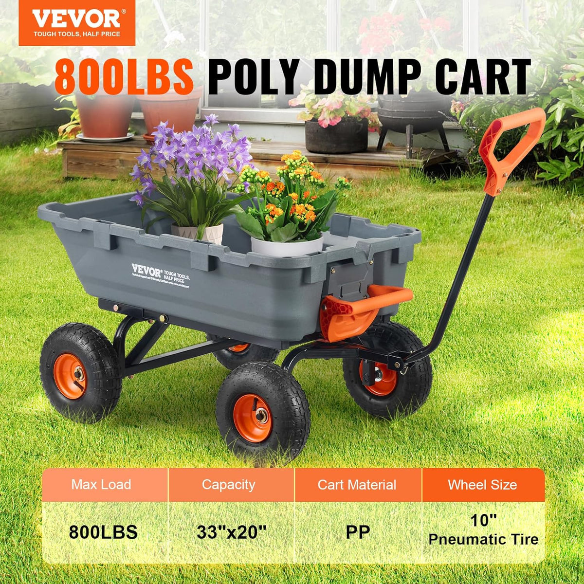 VEVOR 800lbs Poly Dump Garden Cart, Heavy Duty Yard Dump Cart Wagon, 4 Wheel Wheelbarrow with 10in Tires, 180°Rotating Handle, Steel Frame and Quick Release System