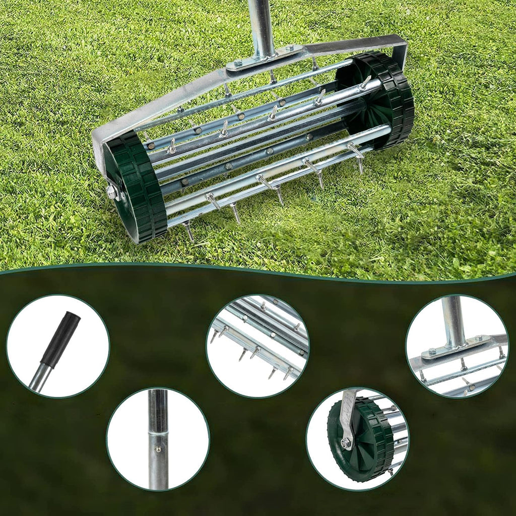 Heavy Duty Rolling Lawn Aerator, Rotary Push Tine Spike Aerator with 1.4-Inch Spikes, 57-Inch Steel Handle, Garden Yard Grass Maintenance Manual Aerator Tool for Improved Soil Aeration Silver