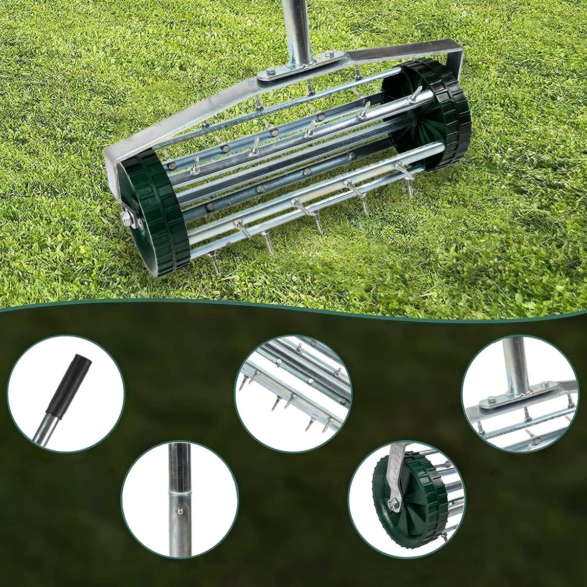 Heavy Duty Rolling Lawn Aerator, Rotary Push Tine Spike Aerator with 1.4-Inch Spikes, 57-Inch Steel Handle, Garden Yard Grass Maintenance Manual Aerator Tool for Improved Soil Aeration Silver