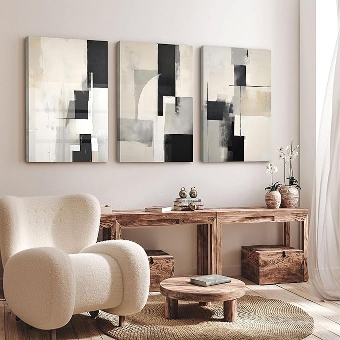 3Pcs Framed Neutral Abstract Canvas Wall Art Floral Pictures Modern Minimalist Posters Prints Beige Black Flower Wall Decoration for Living Room Bedroom Bathroom Office 16x24in