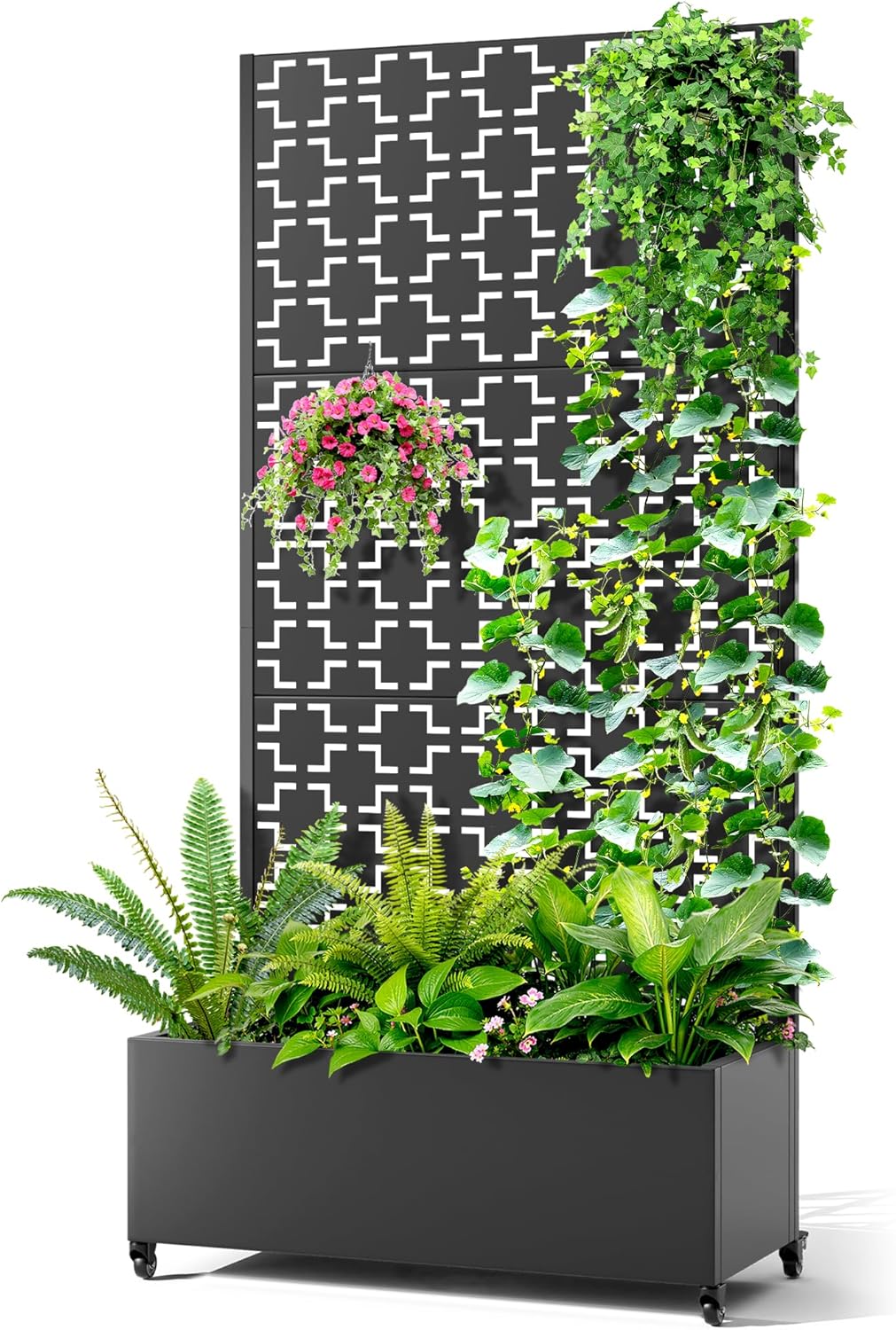 Metal Raised Garden Bed with Trellis, 2-in-1 Planter Box & Privacy Screen for Climbing Plants, Outdoor Standing Flower Bed with Drainage Holes, 35.4" L x 15.7" W x 70.1" H, Black-Square