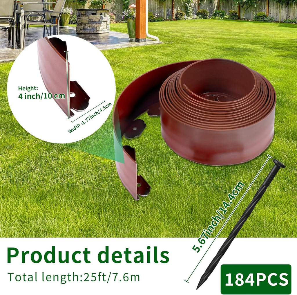 4 in x 100 Ft Garden Landscape Edging, No Dig Garden Edging Border Kit with 184 Pcs Spikes for Flower Bed Lawn Yard Grass Brown