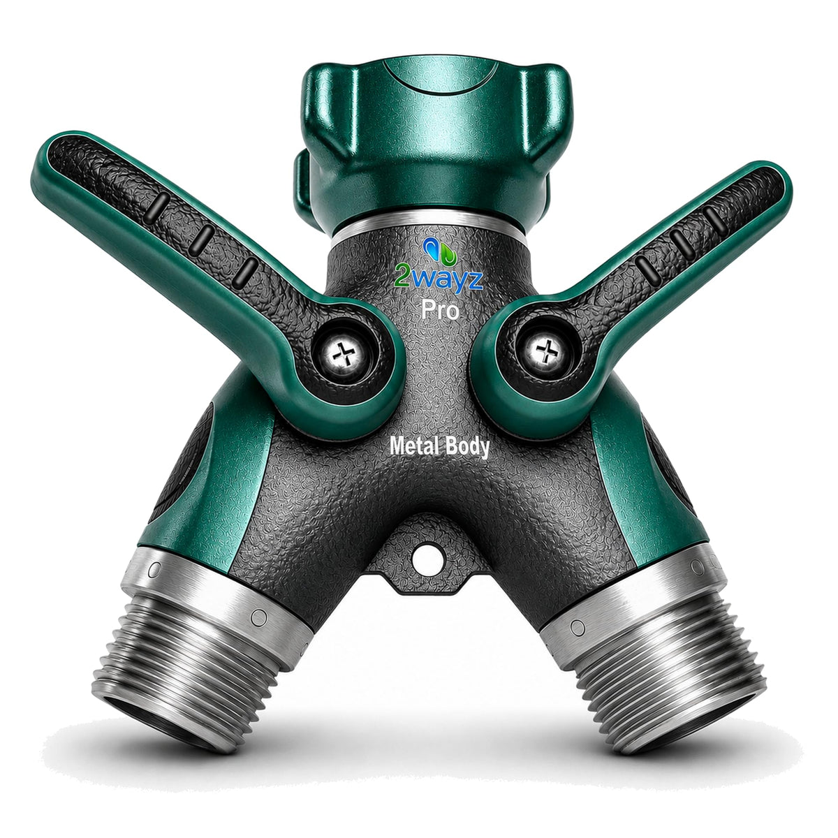 2WAYZ Hose Splitter 2 Way Heavy Duty Outdoor Faucet and Garden Connector - Water Spigot Splitter - Durable All-Metal Y Adapter with Shut-Off Valve - 4 x 4 x 1.5 Inches
