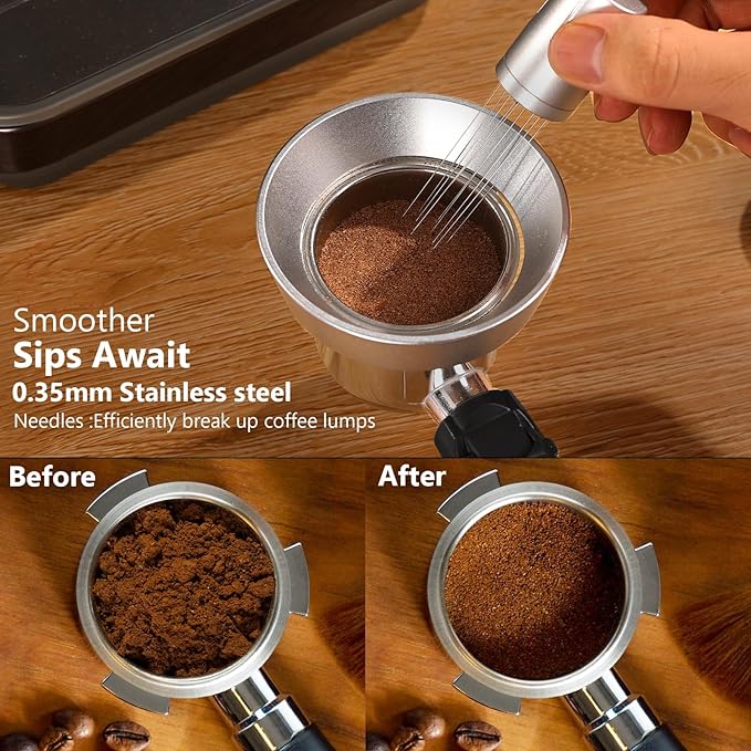 WDT Tool Espresso Distributor Accessory kit &1.7mm Thickness 150μm Mesh Puck Screen & 8 Magnets dosing ring Compatible with Breville Portafilter (WDT +51MM silver dosing ring&puck screen)