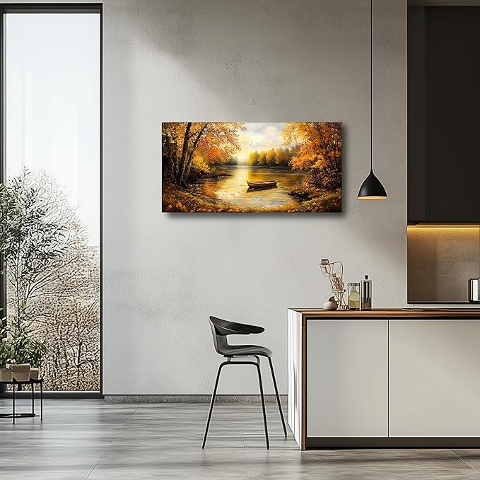 SERIMINO Fall Landscape Large Canvas Wall Art Living Room, Lake Boat Forest Art Prints, Autumn Scenery Nature Decor Pictures, Rustic Gold Paintings Wall Decor Bedroom, Office Decoration 24"X48"
